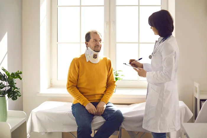 Senior man wearing neck brace listening to doctor at hospital